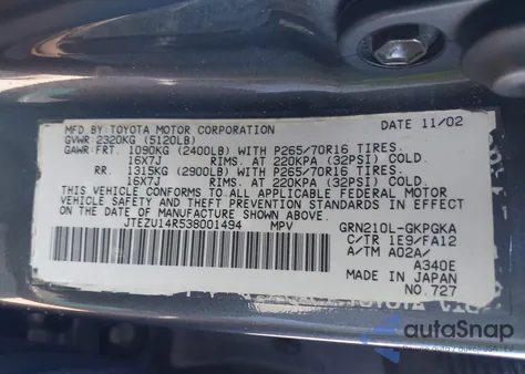 2003 Toyota 4Runner Sr5/Sport from USA, damaged, VIN JTEZU14R538001494